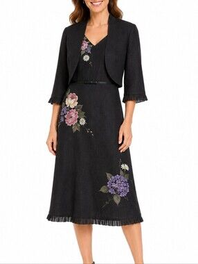 Plaza South Linen Blend 2 Piece Black Floral Embroidery Dress & Jacket Coord Set
